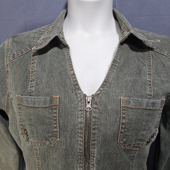 Y2K Fitted Denim Utility Jacket Size XXL Green Full Zip Flap Pockets Grunge - Picture 5 of 16
